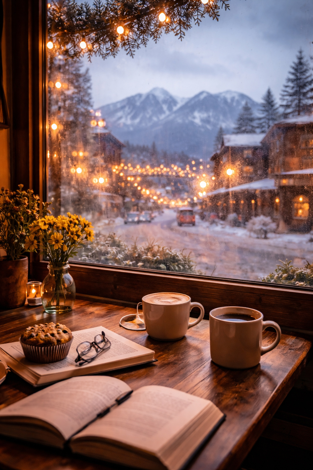 窓際のコーヒーと雪景色