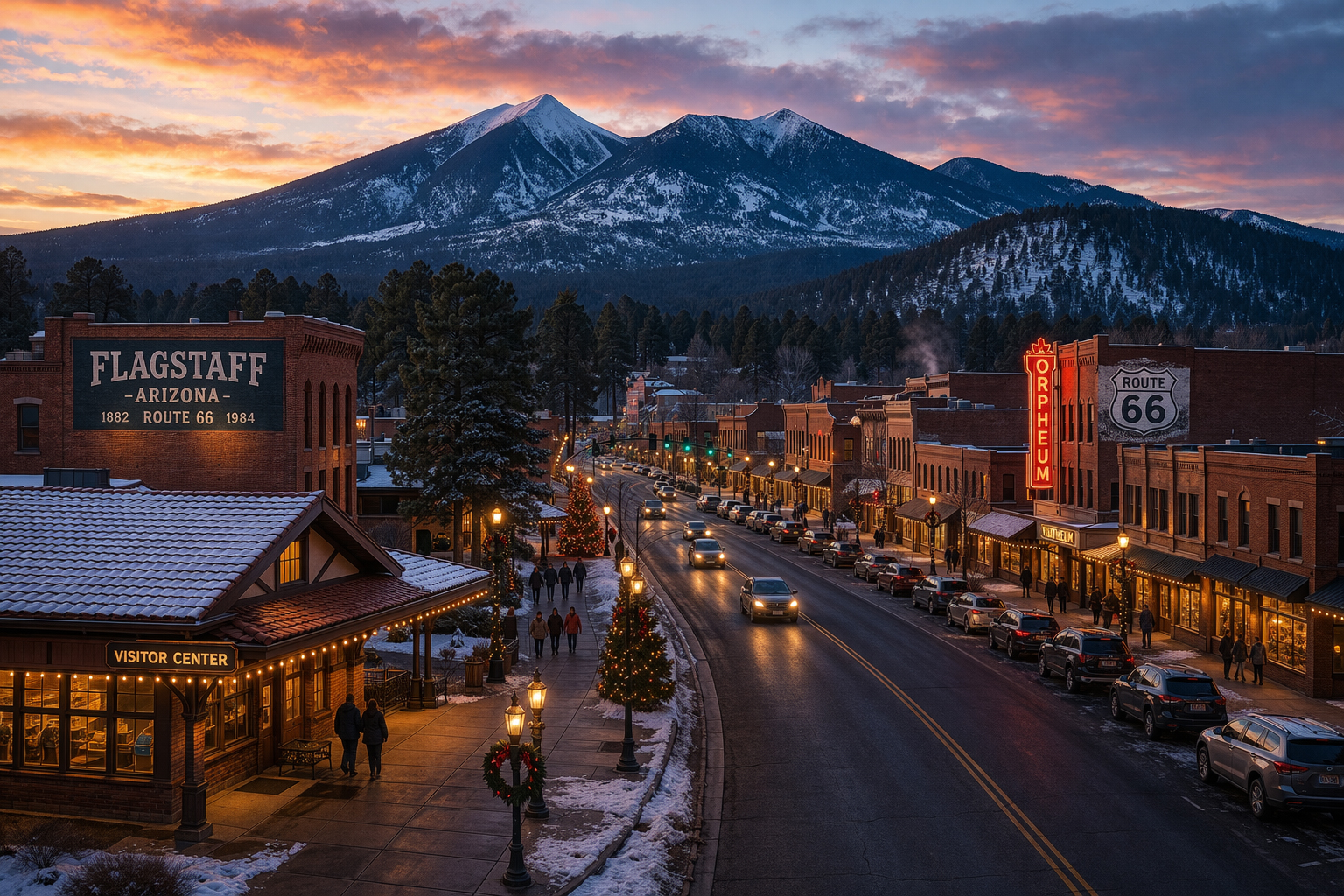 山を背にしたフラッグスタッフのダウンタウン