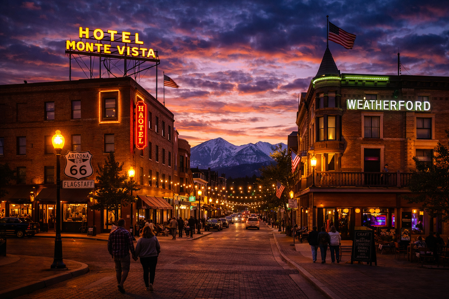 歴史あるホテルが並ぶダウンタウンの夕景