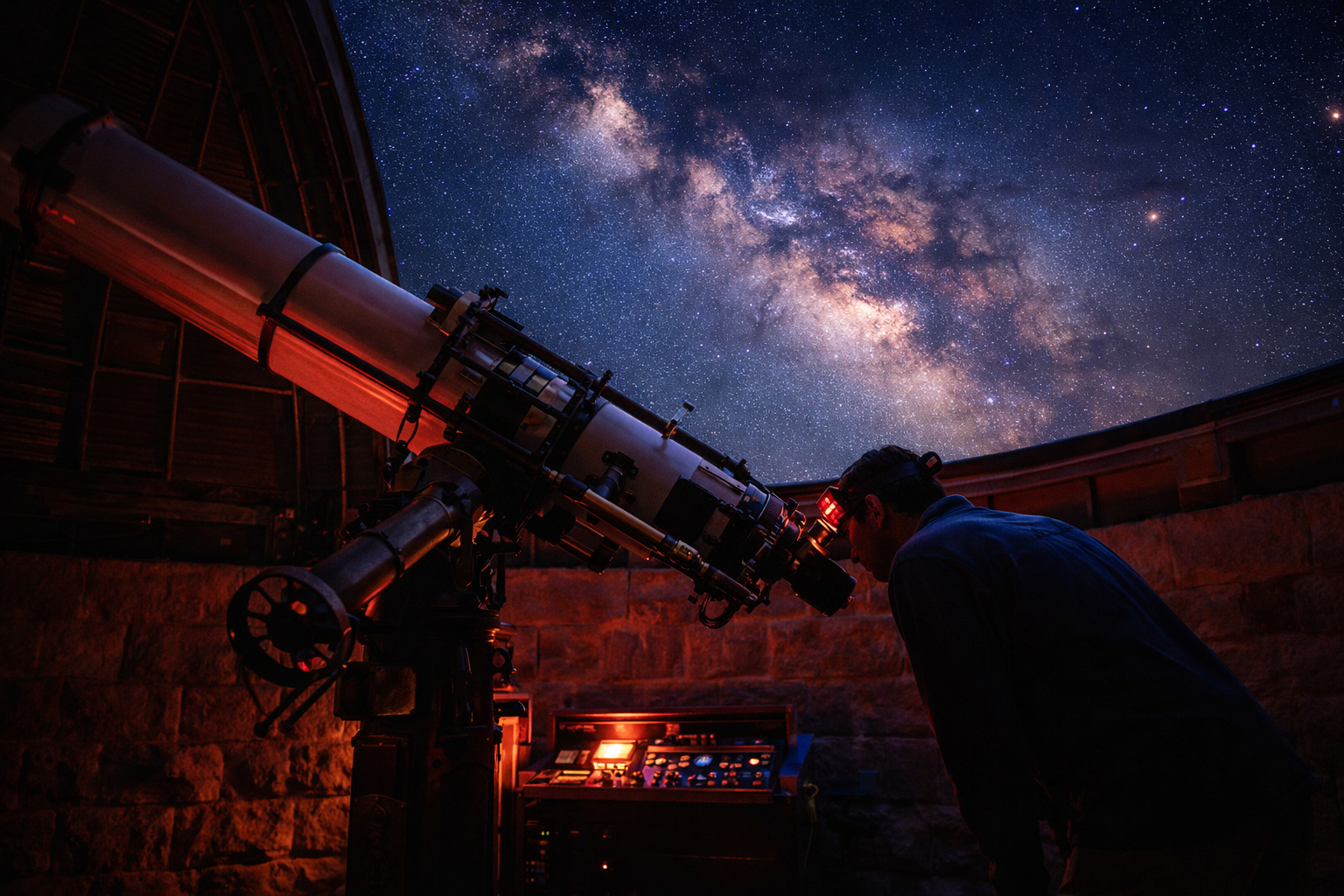 夜の望遠鏡と星空