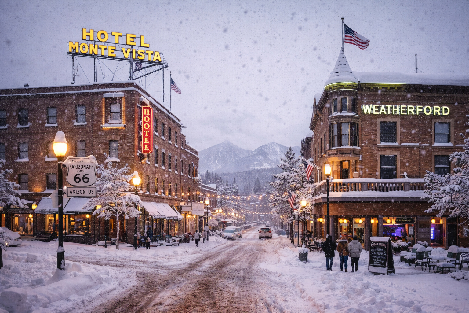 雪のダウンタウンのフラッグスタッフ
