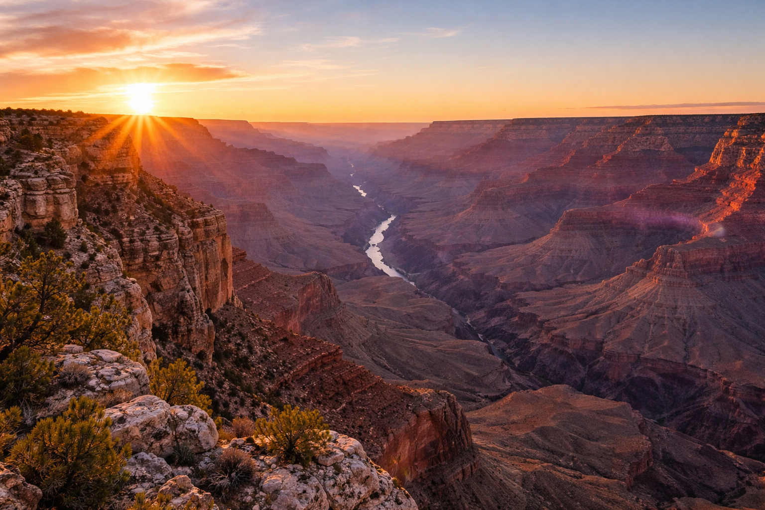 朝焼けのグランドキャニオンと、アリゾナの広大な空