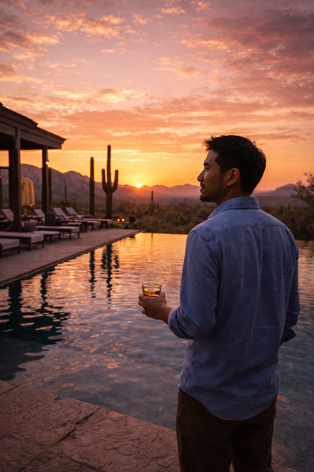 砂漠のサンセットを見つめるヒロ