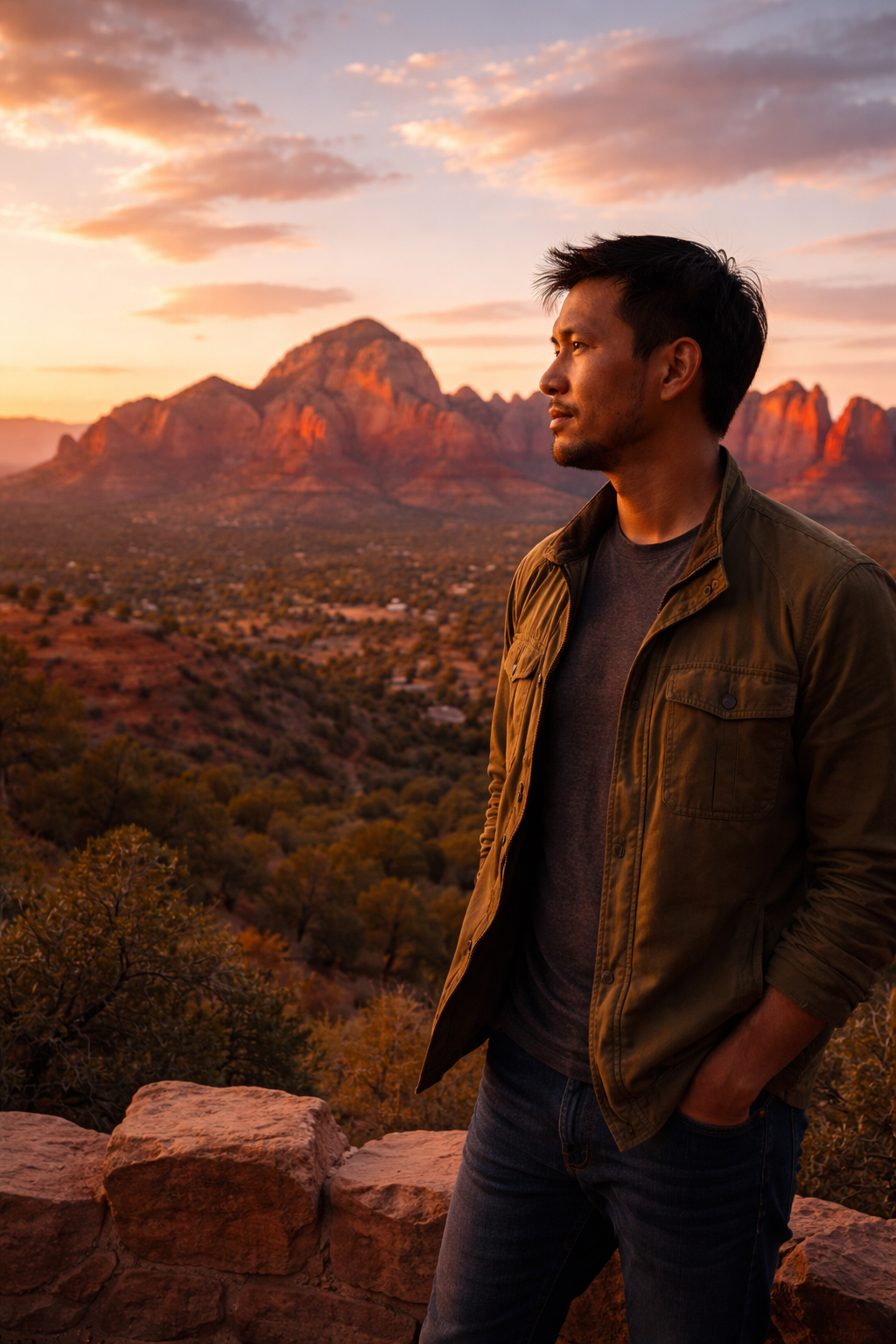 Sedona の赤い光の中のヒロ