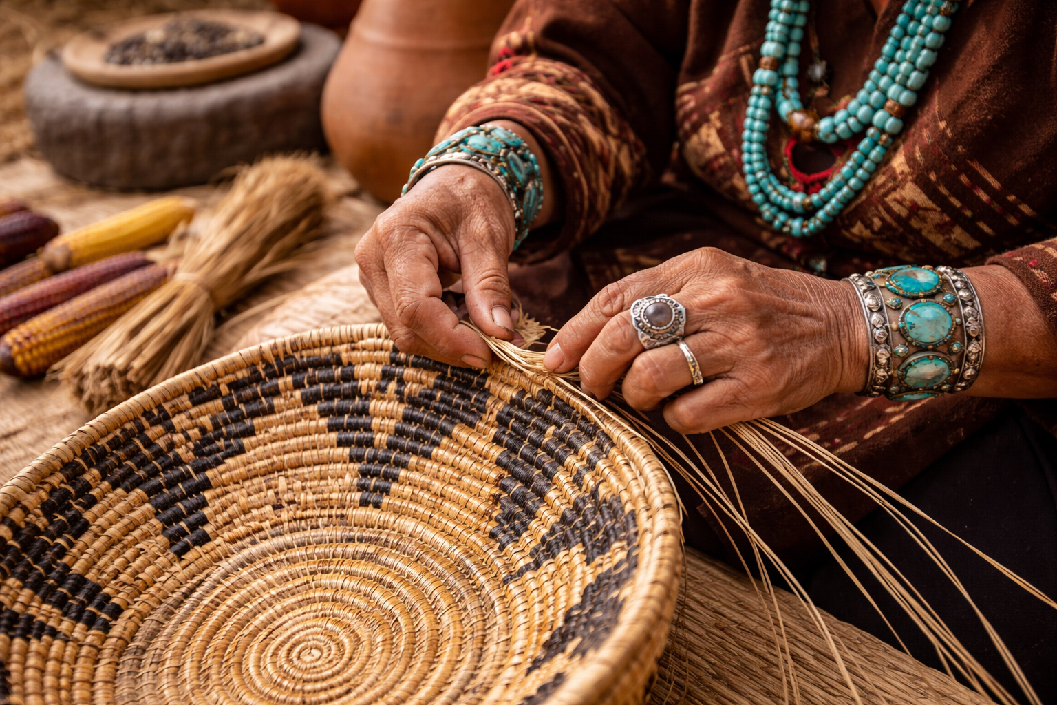 先住文化の工芸をつくる手元