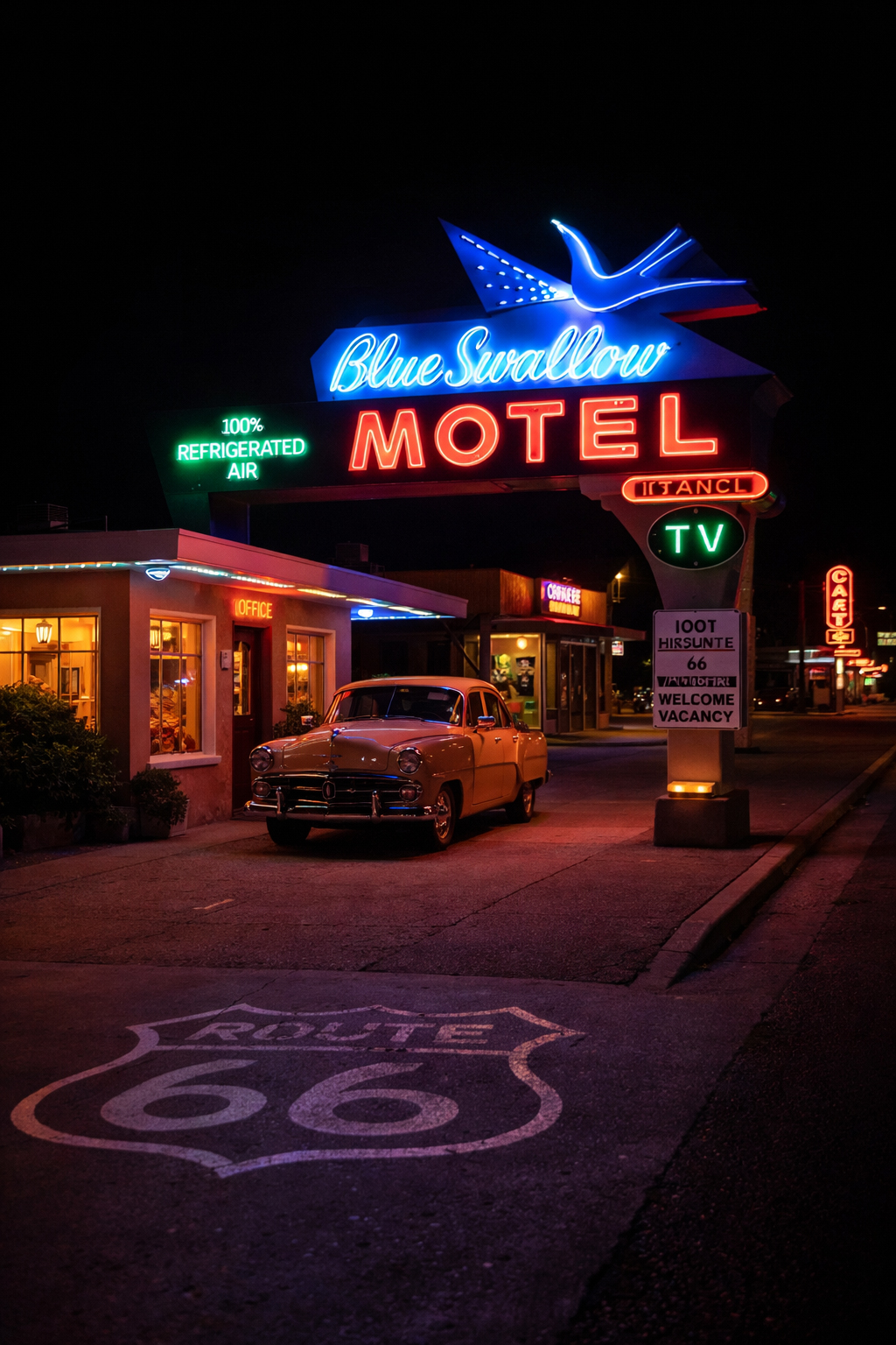 ネオンが灯る Arizona Route 66 のモーテル夜景