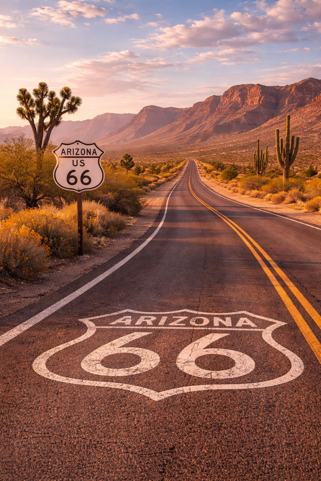 砂漠の中をまっすぐ伸びる Arizona Route 66