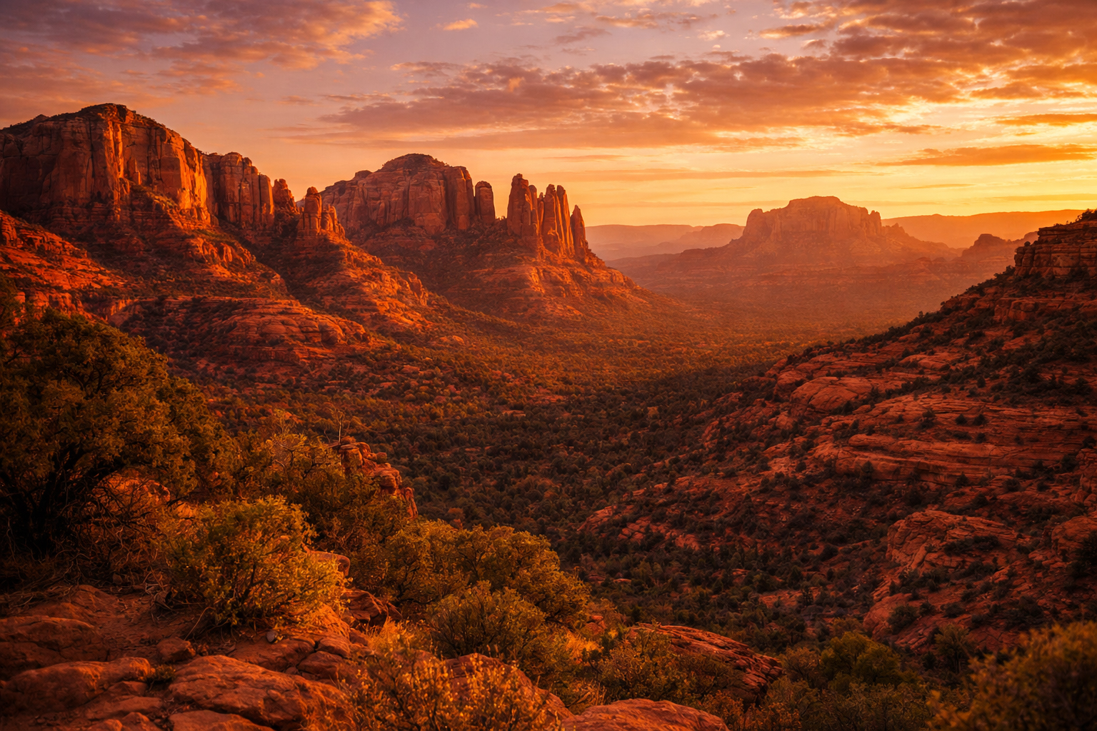 冬のセドナの赤い岩山が夕日に染まる景色