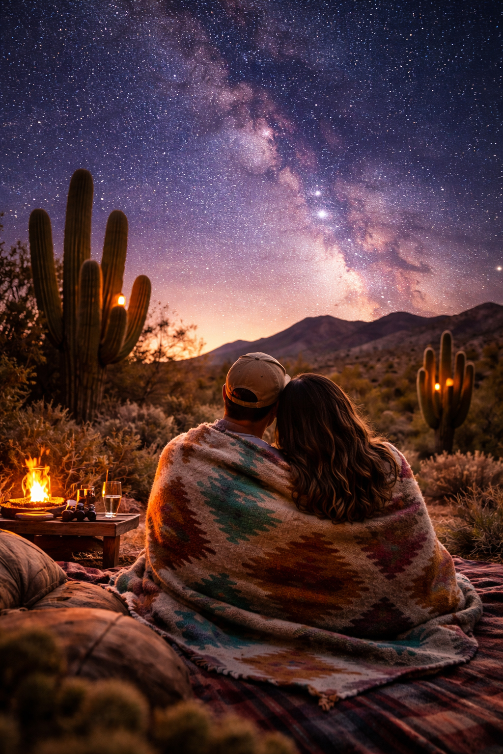 冬のアリゾナの星空を見上げるふたり