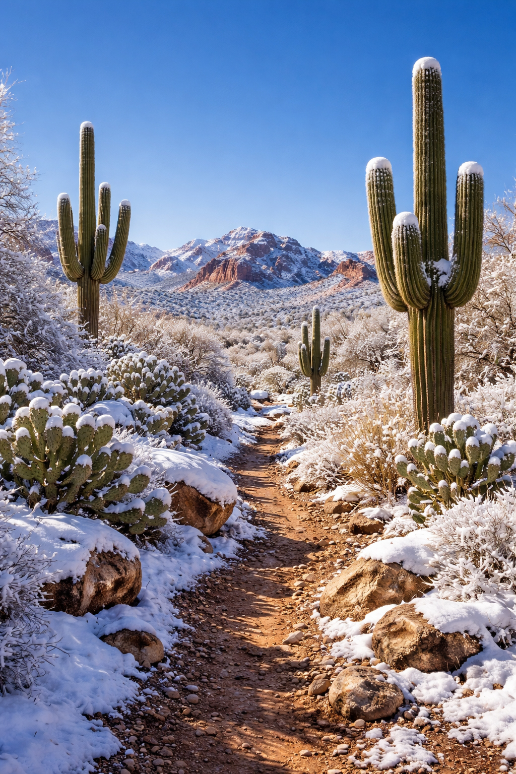 冬のアリゾナの青空とサボテンのトレイル